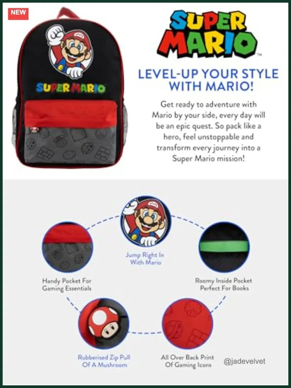 Super Mario Backpack with Pockets for Boys